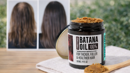 Unrefined batana oil jar with hair before and after background