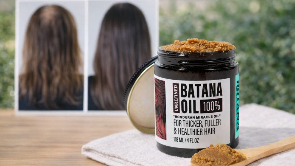 Unrefined batana oil jar with hair before and after background