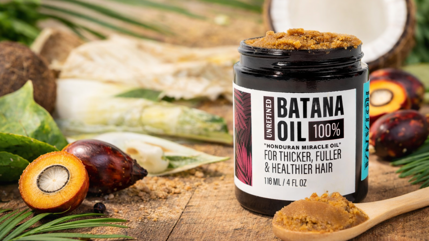 Unrefined batana oil jar with natural ingredients on a wooden surface