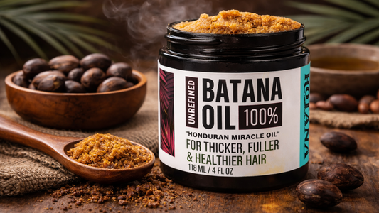 Unrefined batana oil paste in jar with wooden spoon